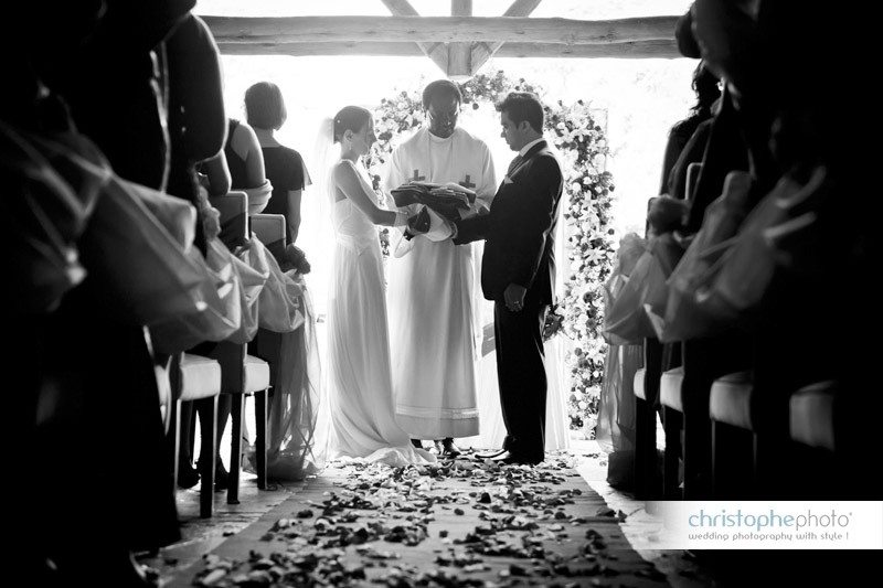 black and white shot of the couple during the ceremony