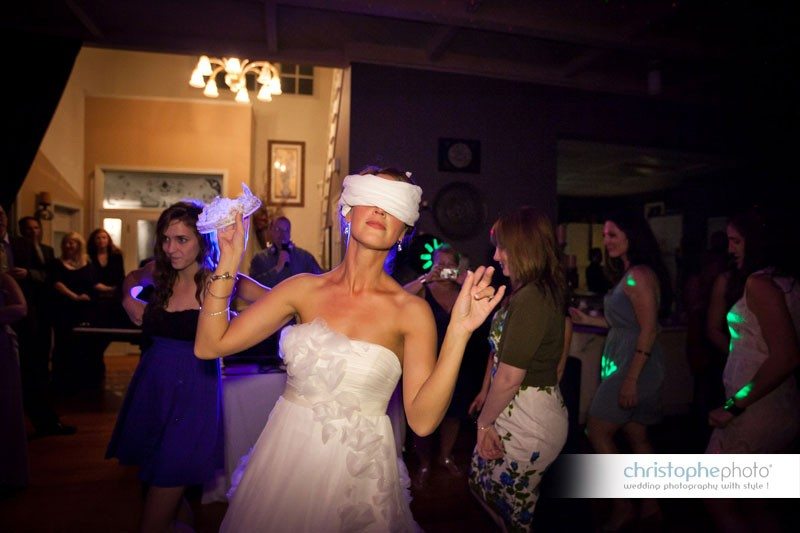 Bride fooling around during the party. 